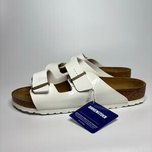 Birkenstock Unisex Arizona Two Strap Sandals in White Patent Birko-Flor
